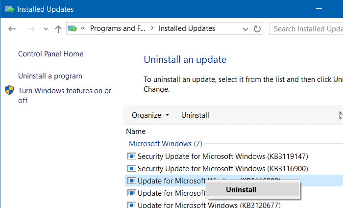 Désinstaller une mise à jour dans Windows 10 étape 5