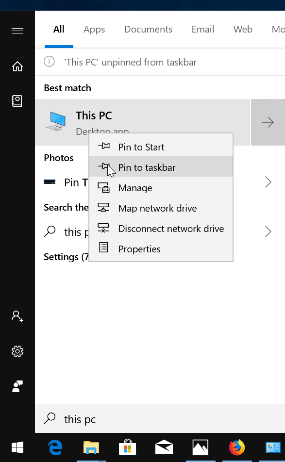 ajouter ce PC à la barre des tâches de Windows 10