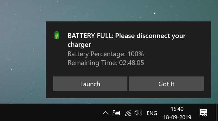 obtenir une alerte de notification de batterie complète dans Windows 10