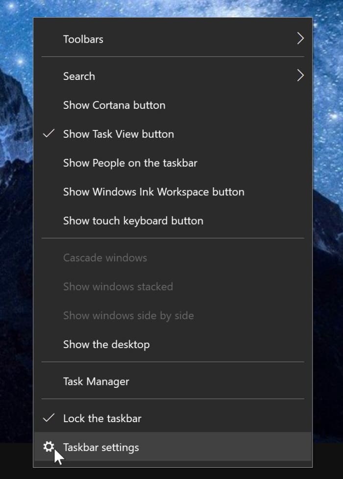 ouvrir les paramètres de la barre des tâches dans Windows 10 pic1