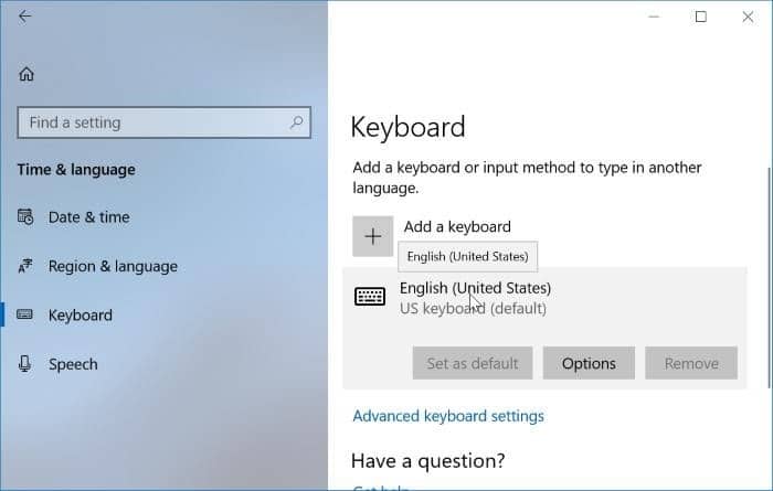 paramètres du clavier dans Windows 10pic01