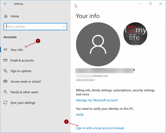 passer du compte local au compte Microsoft dans Windows 10 pic1