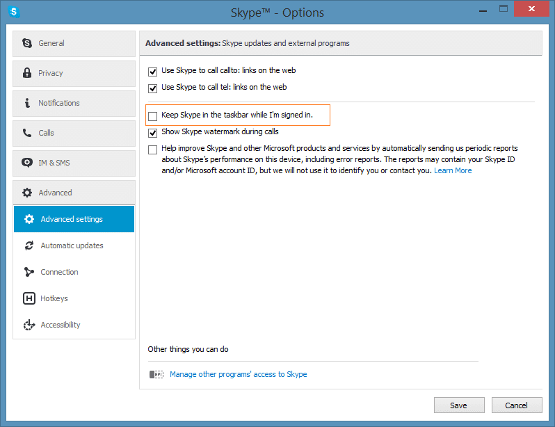 Réduisez l'icône Skype dans la barre d'état système de Windows