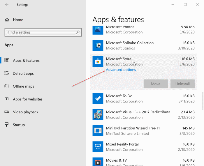 réinitialiser l'image 1 de l'application Windows 10 Store