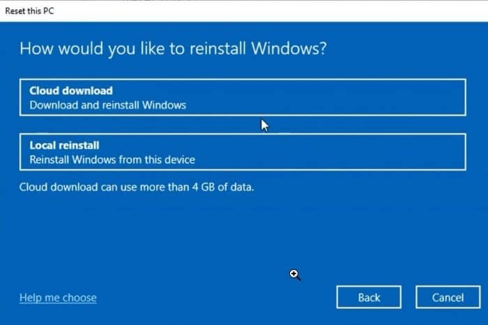 Réinitialisez votre PC Windows 10 à l'aide de l'option de téléchargement dans le cloud