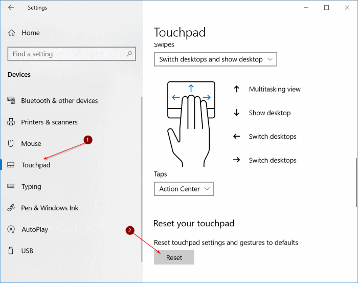 réinitialiser les paramètres du pavé tactile aux valeurs par défaut dans Windows 10