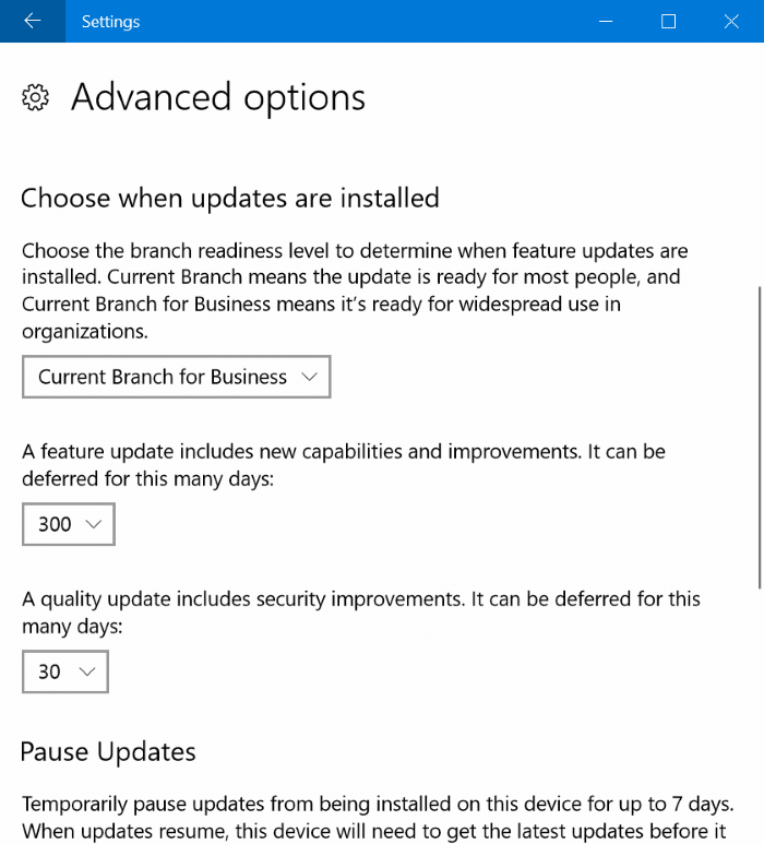 retarder ou différer les mises à jour dans Windows 10 jusqu'à 365 jours