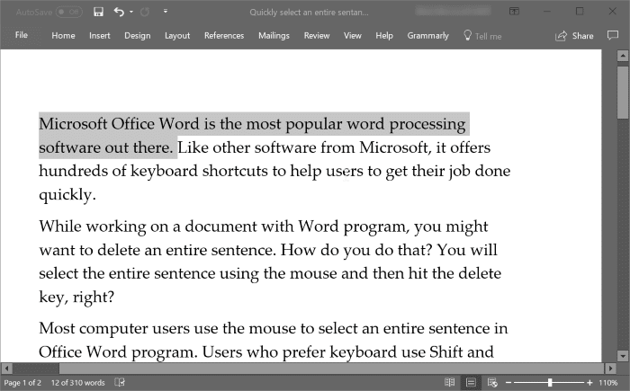 sélectionnez rapidement une phrase entière dans Office Word pic1