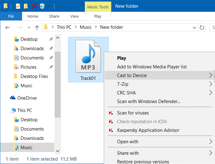 Supprimer Cast to Device du menu contextuel dans Windows 10