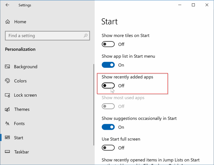 supprimer les applications récemment ajoutées du menu Démarrer dans Windows 10 pic3