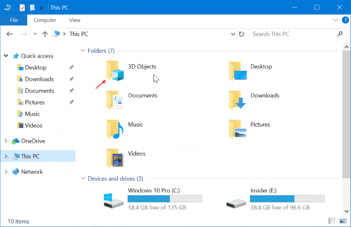supprimer le dossier d'objets 3D de ce PC dans Windows 10 pic1