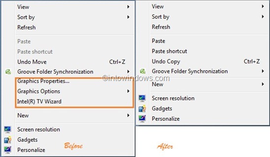Comment supprimer le menu Intel (propriétés graphiques, options graphiques et assistant Intel TV) du menu contextuel du bureau Windows 7