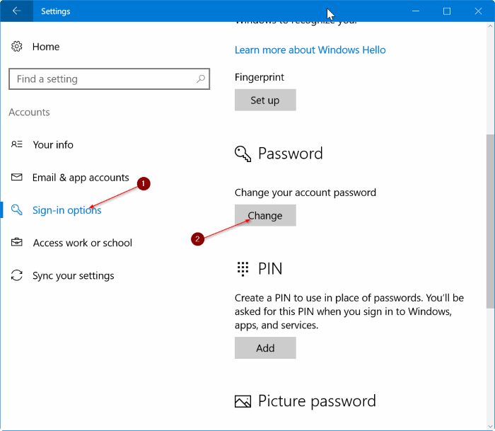 Supprimer le mot de passe du compte utilisateur dans Windows 10 pic1