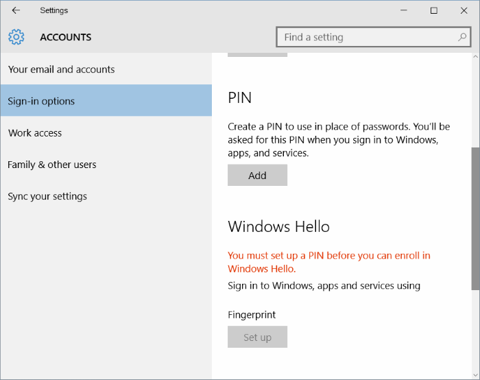 bouton de configuration d'empreintes digitales désactivé dans Windows 10