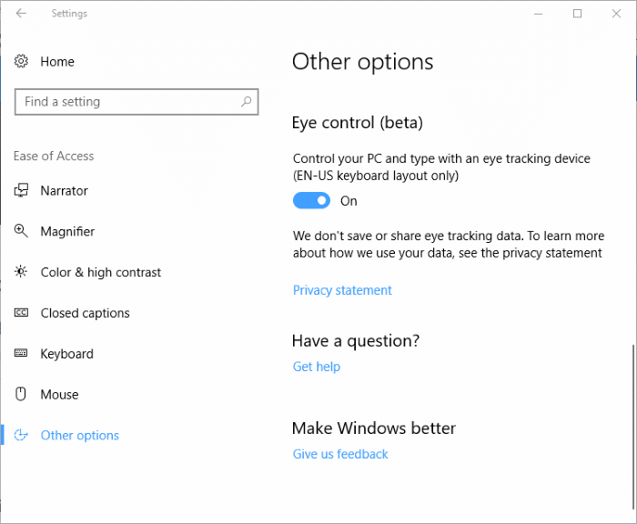 Contrôlez le clavier et la souris à l'aide de vos yeux dans Windows 10