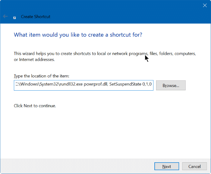créer un raccourci d'arrêt, de mise en veille prolongée et de déconnexion sur le bureau Windows 10 step2
