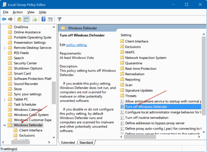désactiver Windows Defender dans Windows 10 via le registre ou la stratégie de groupe étape 1