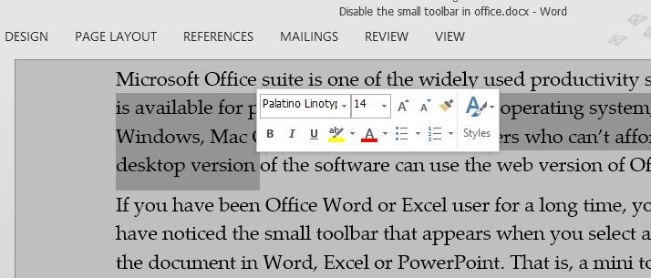 Désactiver la mini-barre d'outils lors de la sélection dans Office 2013