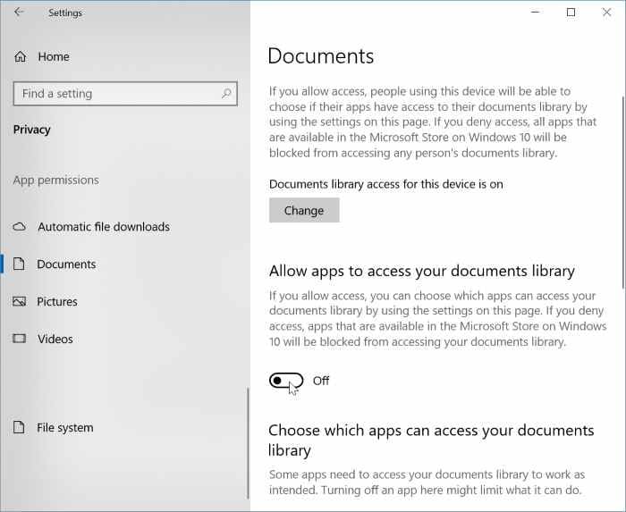 empêcher les applications d'accéder aux documents, images et vidéos dans Windows 10 pic01