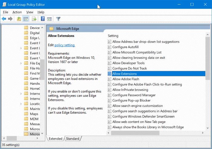 Empecher linstallation dextensions dans Edge sur Windows 10