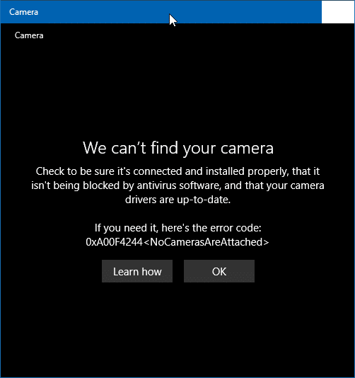 Impossible de trouver la camera erreur 0xA00F4244 dans Windows 10