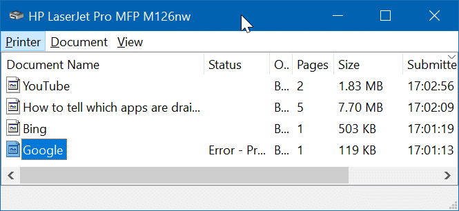 supprimer les documents de la file d'attente d'impression dans Windows 10 pic01