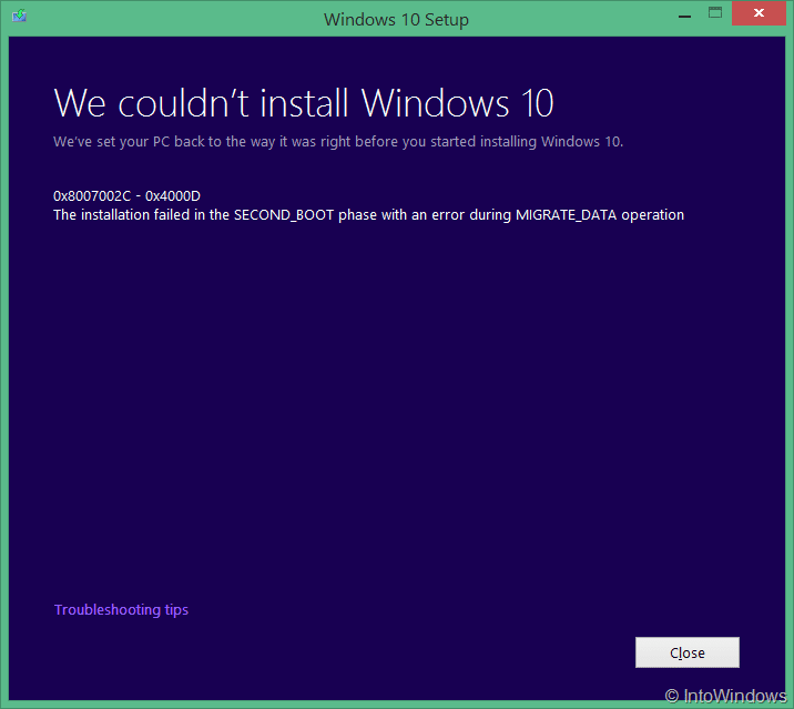 Windows 10 n'a pas pu être installé