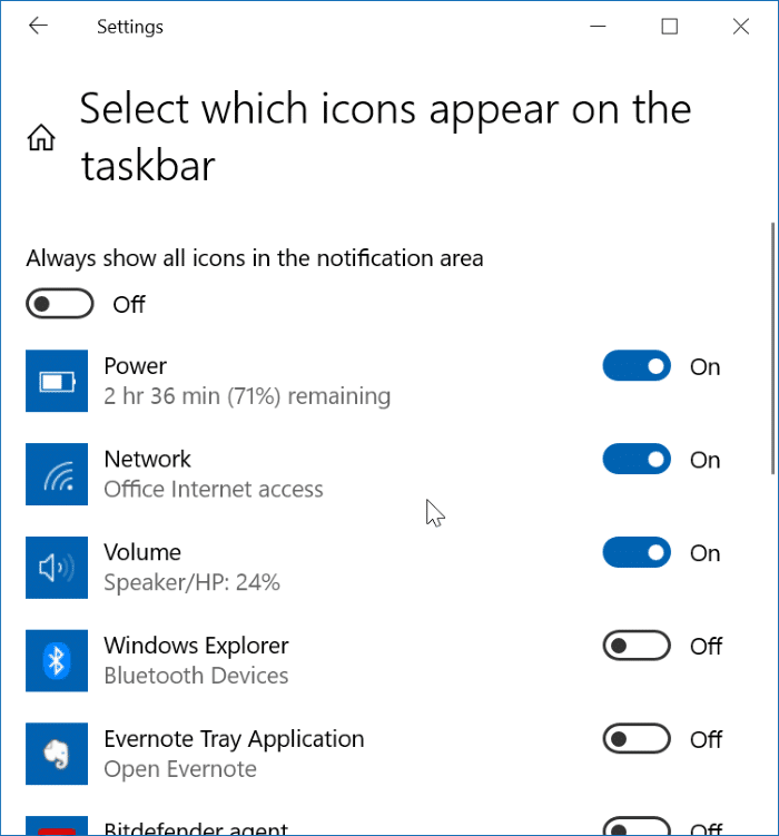 L'icône de la batterie est désactivée dans les paramètres de Windows 10 pic3