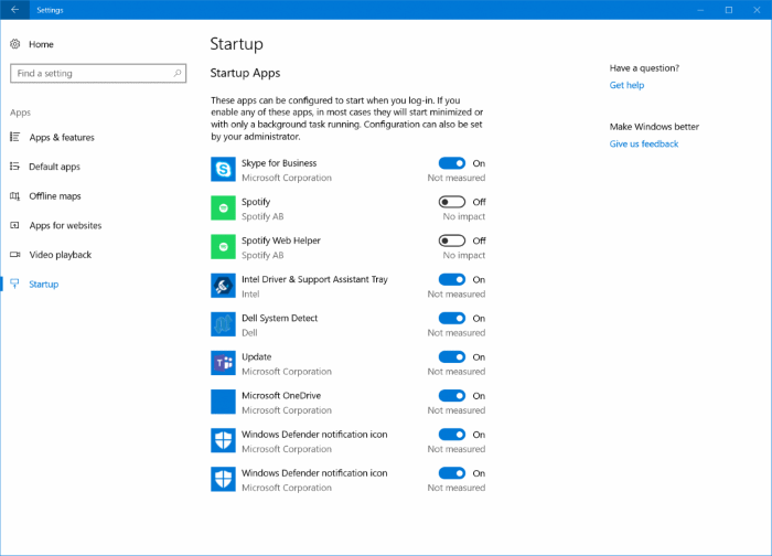 Manage Windows 10 startup apps in settings