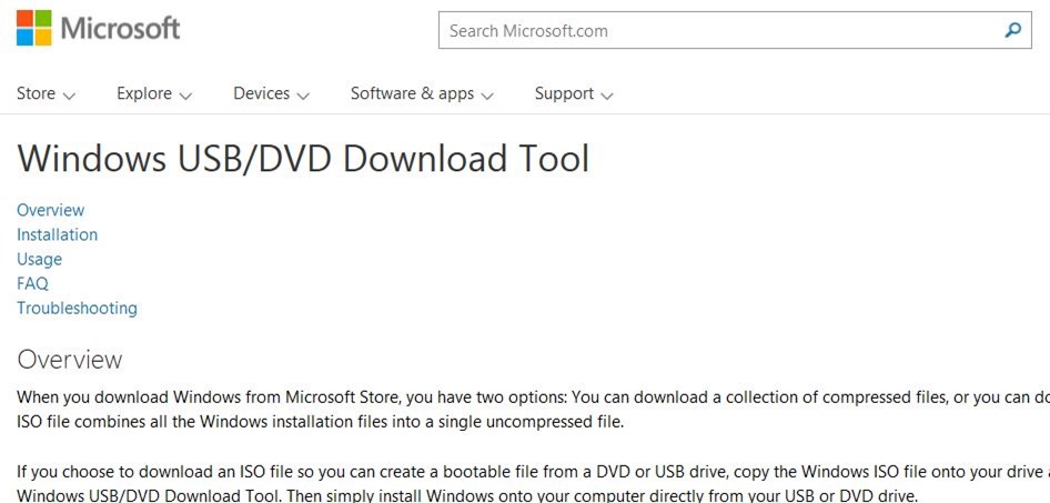 Page de l'outil de téléchargement de DVD USB Windows