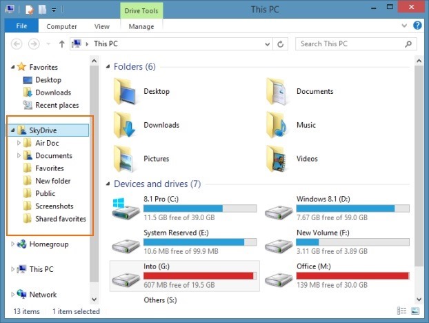 Dossier SkyDrive dans le volet de navigation de Windows 8.1