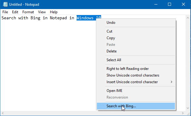 rechercher avec Bing dans le Bloc-notes dans Windows 10