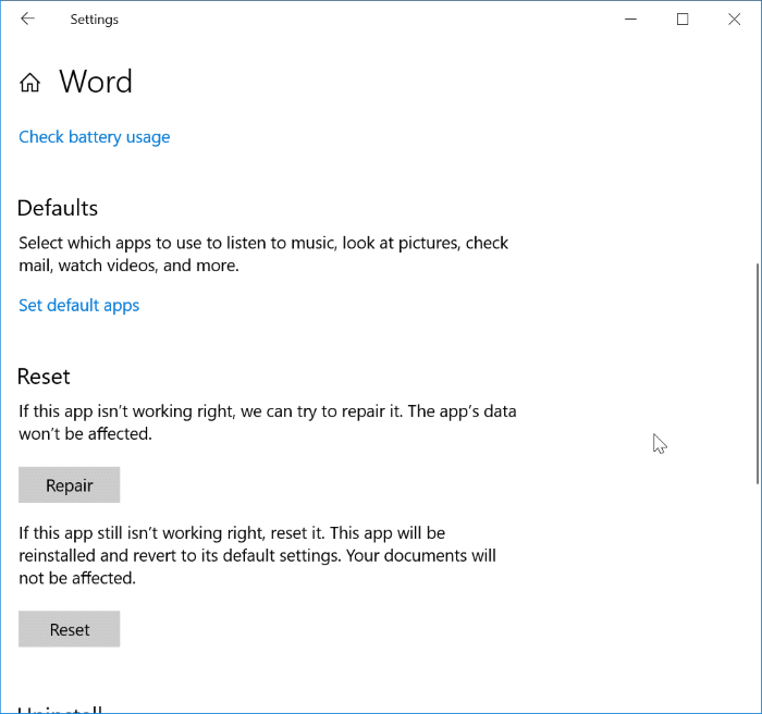 restaurer et réparer les applications Office 365 dans Windows 10 pic1