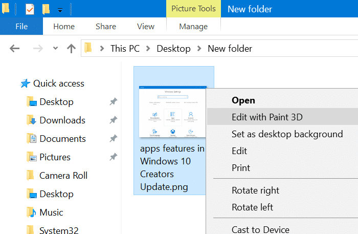 Supprimez le changement avec l'option Paint 3d du menu contextuel pic1