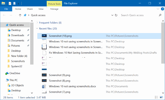 Windows 10 not saving screenshots in Screenshots folder pic32