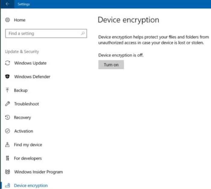 device encryption in Windows 10 home pic1