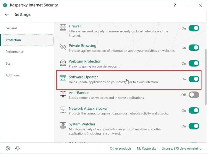 disable software updater in Kaspersky pic1