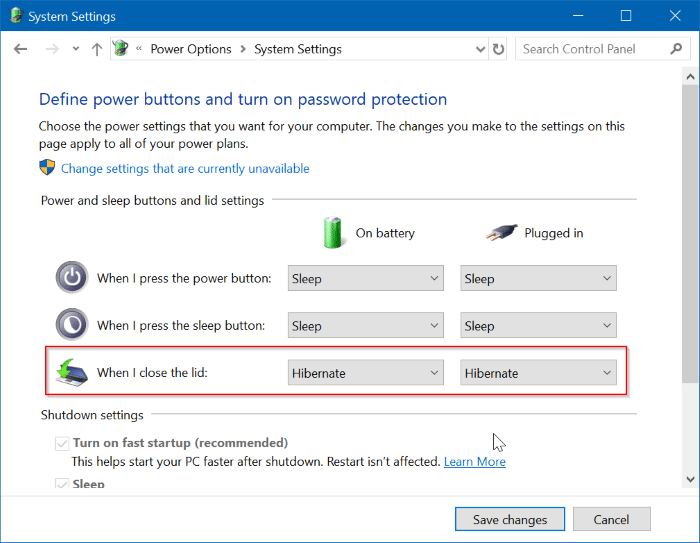 hibernate Windows 10 when laptop lid is closed pic2
