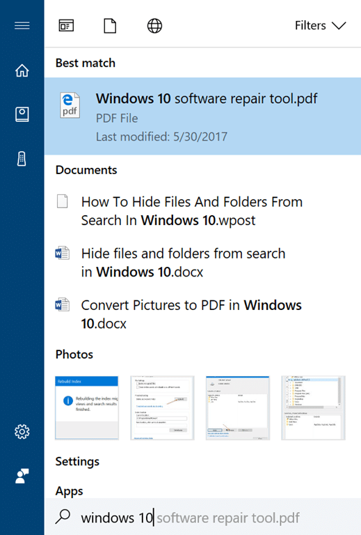 hide files and folders from search results in Windows 10