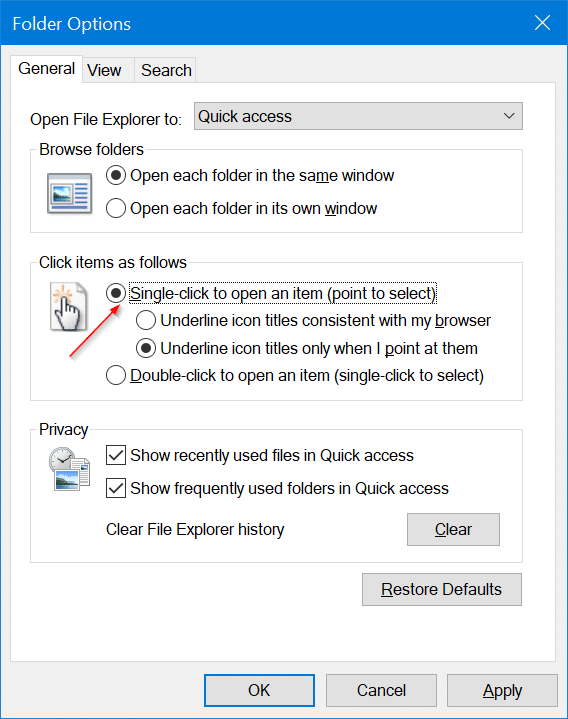 open files and folders with single click in Windows 10 pic3
