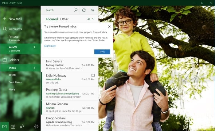 turn off focussed inbox in Windows 10 mail