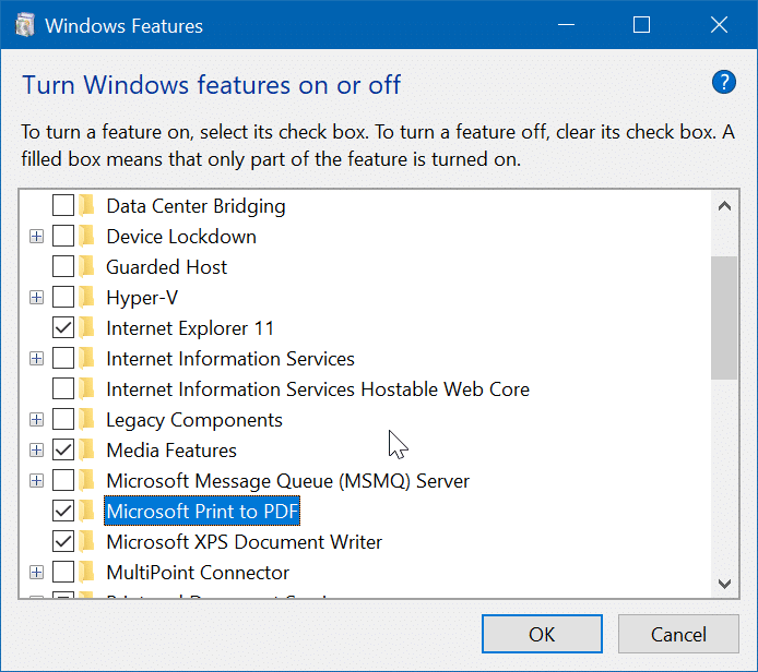 turn on or off Microsoft print to PDF in Windows 10 pic2